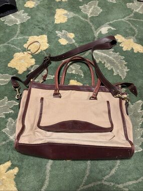 Orvis Beige and Brown Canvas Leather Tote Bag